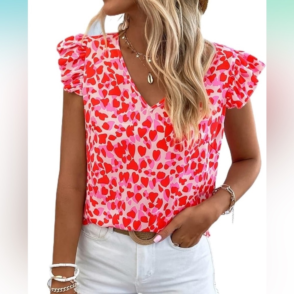 GWTGHY Women’s All Over Heart Print Butterfly Sleeve Blouse, Size Small